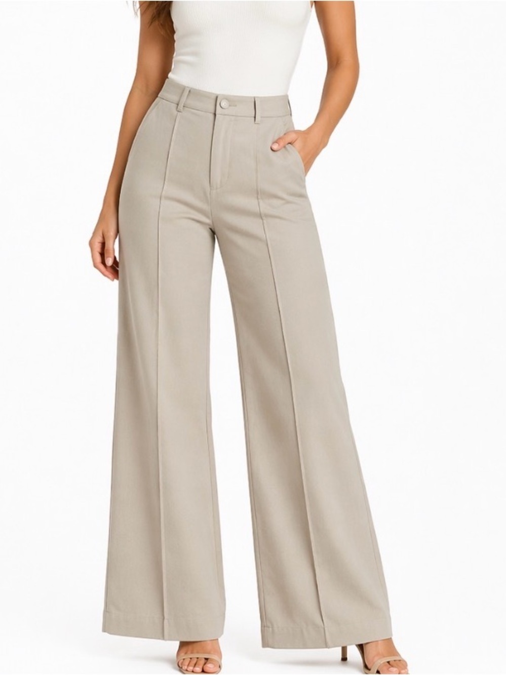 Missguided pants trousers dress wide leg NEW khaki/tan TALL SZ MD Pockets